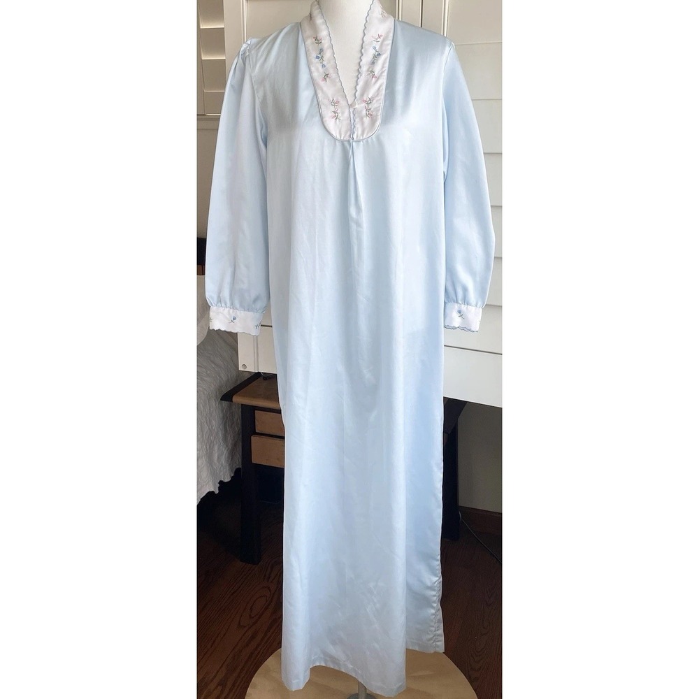 Vtg Jodie Arden Blue Satin Nightgown M Embroidered Floral Scallop Trim Long READ